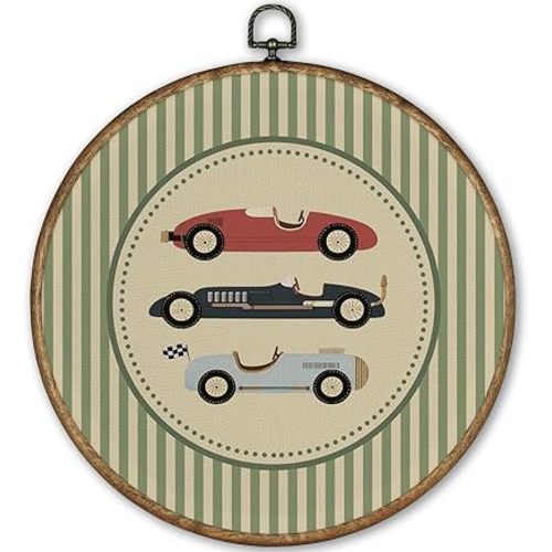 TLESKE Race Car Nursery Round Wall Art Decor Framed 10x10, Kids Playroom Canvas Wall Art Prints Artwork, Green Striped Hanging Wall Picture Room Door Decor for Kids Toddler Boys Room Bedroom Playroom