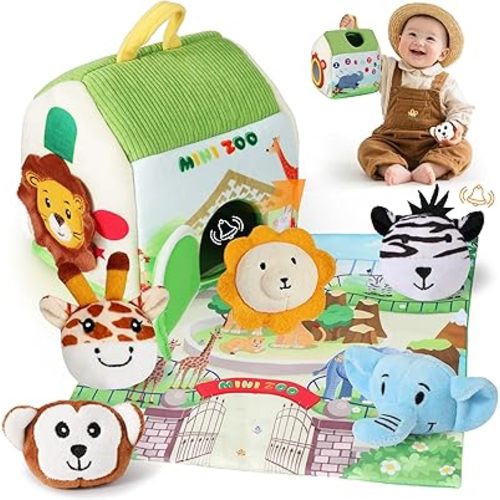 Baby Toys 6-12 Months, Soft Zoo Toy with 5 Stuffed Animal, Map Pad, Rattle, Crinkle Paper, Squeaker, Mirror, Sensory Montessori Toys for Babies, Infant Toy for Christmas Birthday Gift, 7-Piece