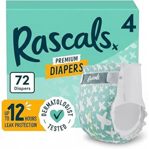 Rascals Premium Absorbent Baby Diapers, Premium Diapers, Diapers, Babydiapers, Disposable Baby Diapers, Fragrance-Free, Latex-Free, Lotion-Free, Size 4, 72 Count- by Platdistro