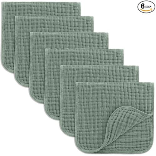 Comfy Cubs Muslin Burp Cloths 20" x 10", Pack of 6 - Large, 6-Layer, Ultra Absorbent 100% Cotton for Baby Drool and Messes - Soft, Safe & Gentle Baby Burp Cloths Set for Boys & Girls - Fern
