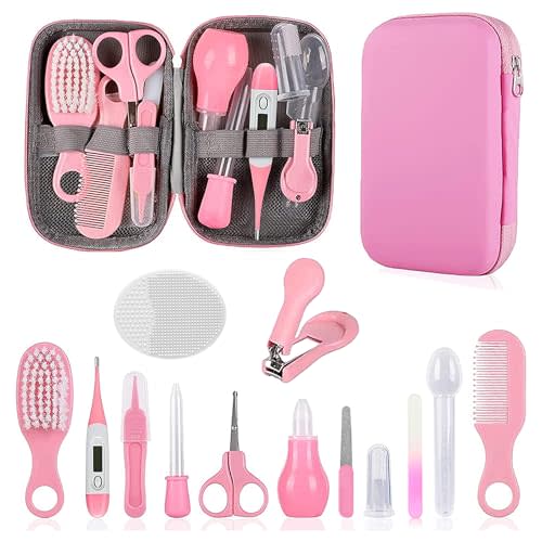 Baby Grooming Kit, Infant Safety Care Set with Hair Brush Comb Nail Clipper Nasal Aspirator,Baby Essentials Kit for Newborn Girls Boys (Pink)