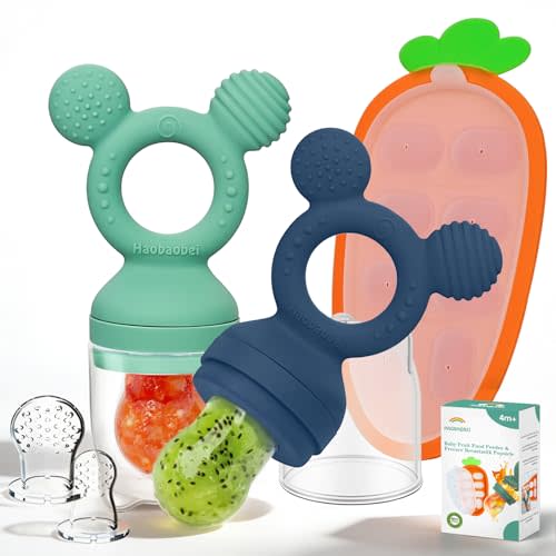 Baby Fruit Feeder 2 Pack with Freezer Tray, 4 Silicone Pouches in 3 Sizes, Breastmilk Popsicle Mold, Food Feeder Pacifier and Silicone Teether for Teething Relief, 4+ Months