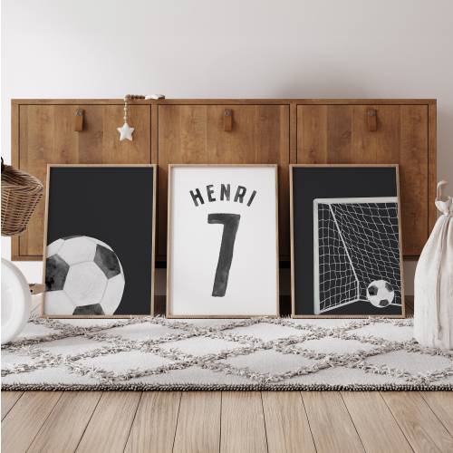 Soccer Wall Art, Boys Bedroom Decor, Soccer Prints, Set of 3, Sport Gift, Watercolor Artwork, Custom Name and Number, Digital Download