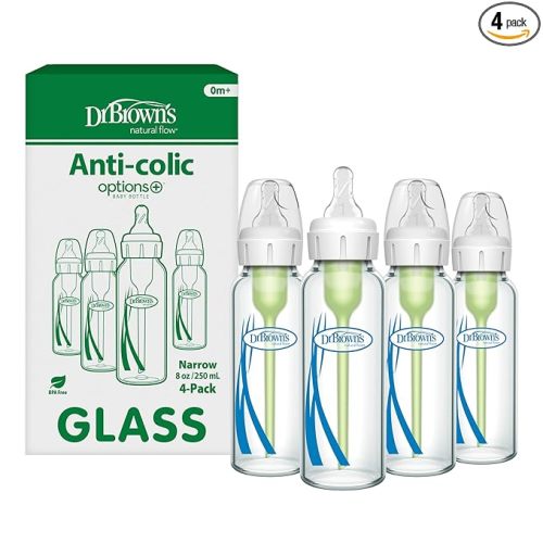 Dr. Brown's Anti-Colic Options+ Narrow Glass Baby Bottle with Level 1 Slow Flow Nipple, BPA-Free, 8 oz/250 mL, 4-Pack