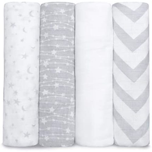 Muslin Swaddle Blankets, for Baby, 4 Pack, Cute Swaddling and Nursing Covers, Soft and Breathable Bamboo Cotton, Gender Neutral, Receiving and Tummy Time Use by Comfy Cubs