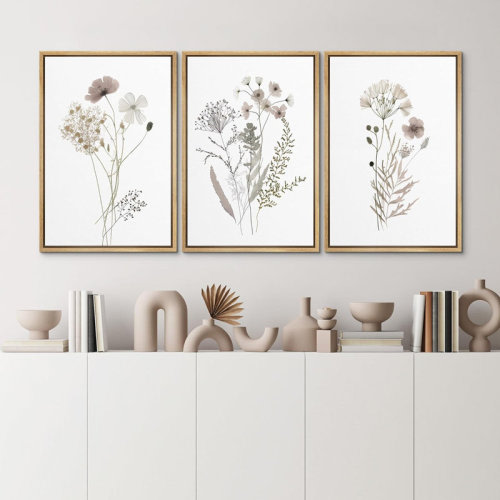 IDEA4WALL Wildflowers Floral & Botianical Neutral Minimlist Pictures Framed 3 Pieces Canvas Print Wall Art & Reviews | Wayfair