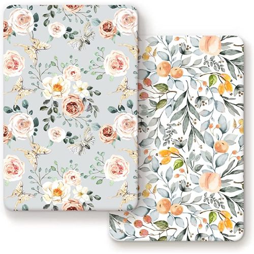 GRSSDER Stretchy Ultra Soft Jersey Knit Fitted Pack n Play Sheets Set 2 Pack, Portable/Mini Crib Sheets for Girls, Watercolor Flowers and Fruits