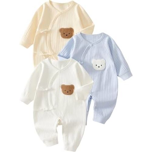 Ganwawo 3-Pack Baby Boys Girls Clothes, 100% Cotton Infant Newborn Outfit Cute Bear Ribbed Knit Long Sleeve Button Romper