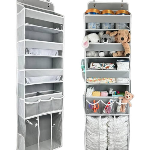 Amazon.com: Door Hanging Storage Organizer,with 3 Bins 1 Movable Baby Diaper Caddy,1 Large capacity diaper stacking storage Organizer,10 Side Pockets ,Bedroom Door Storage for Nursery Baby Essentials.Grey 1 Pack. : Baby