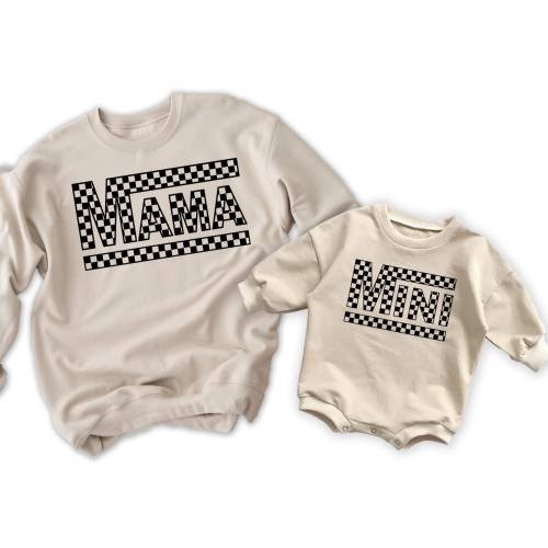 Mama Mini Checkered Boy Rocker Matching Mom Kids Sweatshirts Mommy and Me Shirts