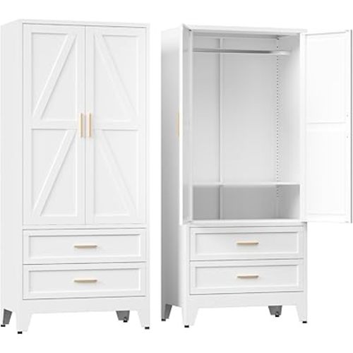 COFaR Armoire Wardrobe Closet with Drawers & Hanging Rod, 71'' Metal Wardrobe Closet with Doors & Adjustable Shelf, Farmhouse Wardrobe Cabinet for Bedroom Home Office, White