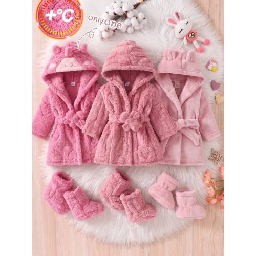 1pc Newborn Infant Thickened Coral Fleece Bathrobe, Cute 3D Cartoon Animal Hooded Design With Heart Jacquard, Plush Tie Long Home Sleepwear, Baby Bathing Absorbent Loungewear
