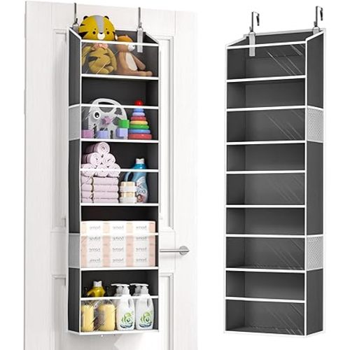 ULG Clear Over The Door PVC Organizer with 4 Pockets Hanging Storage for Bathroom, Closet, or Bedroom,Dark Gray