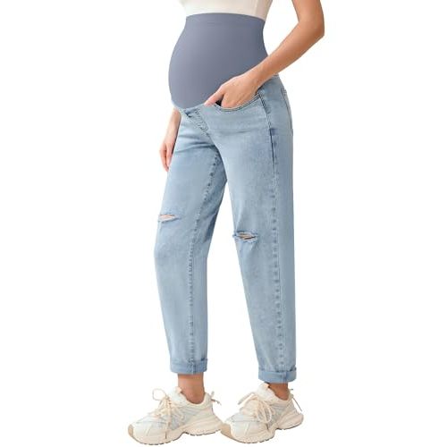 POSHGLAM Women's Maternity Jeans Over Belly Comfy Stretch 28'' Boyfriend Jeans Loose Pregnancy Pants, S-XXL