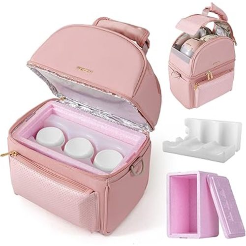 SUNVENO Breast Milk Cooler Bag with Detachable Insulation Box, Double-Layer Pumping Travel Bag for Work & Daycare, Fits Bottles, Ice Packs and Pump Parts,Pink