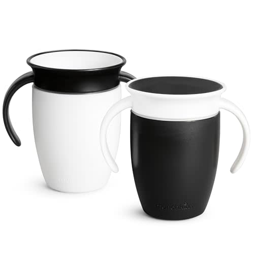 Munchkin Miracle 360 Sippy Cup for 6 Month Old, Spill Proof Baby and Toddler Cups with Transition Handles, 7 Ounce, 2 Pack, Black/White