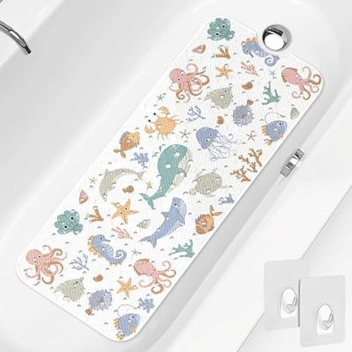 Kids Bath Mat 40x16 Non Slip Tub Shower Mat with Suction Cups Drain Holes