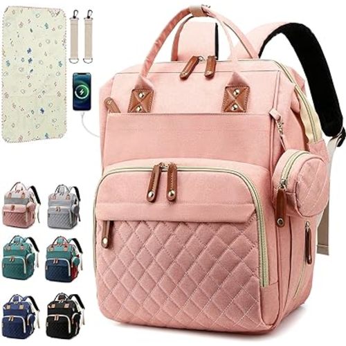 SHITIESHOU Diaper Bag Backpack Baby Bag, Baby Girl Boy Diaper Bag for Dad Mom with Pad,16 Pockets, Pacifier Case, Large Diaper Bag Unisex for Travel (Orange Pink)