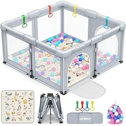 OCATO Baby Playpen with Mat: Foldable Playpen for Babies and Toddlers Play Pen Portable Playpens Fence Indoor Outdoor Kids Safety Area Play Yard with 50x50 Playpens Mat 4 Handlers 50 Balls (50" × 50")