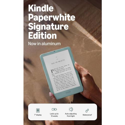 Amazon Kindle Paperwhite Signature Edition 32GB (newest model), Thinner, new aluminum design, 7" display, Auto-adjusting front light, Seaglass Green
