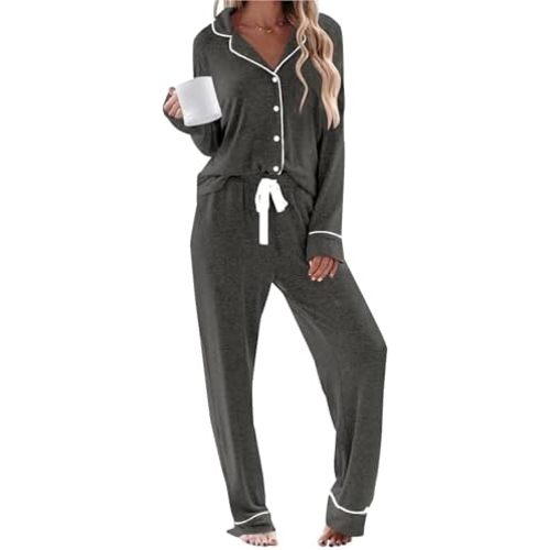 Womens Long Sleeve Pajamas Set Soft Sleepwear Shirt and Long Pants Pj Lounge Sets Button Down Nightwear with Pockets