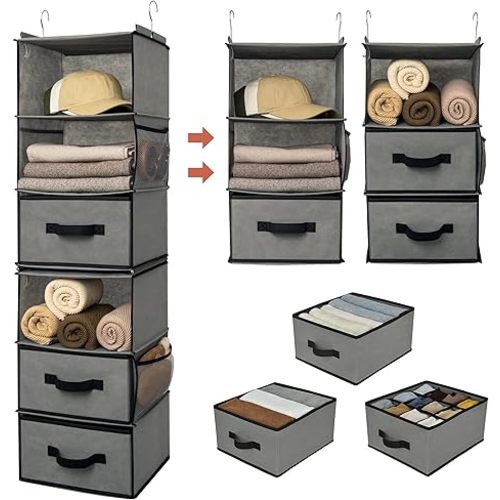 GRANNY SAYS 6-Shelf Hanging Closet Organizer, Separable to 2 Pack 3-Shelf, Closet Organization and Storage with 3 Different Drawers, 4 Side Pockets Wardrobe Clothes Organizer, Gray, 1-Pack