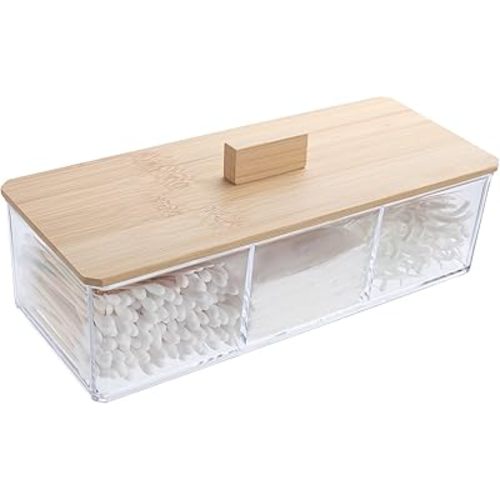 Wood Qtip Holder 3 Compartments Cotton Ball and Swab Holder Organizer with Lid,Jar for Cotton Rounds,Bathroom Containers,Clear Acrylic Desk Organizer for Makeup Pads,Cosmetics Bedroom