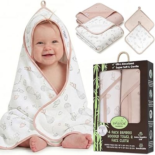 Bamboo Viscose Rich Hooded Baby Towels with Washcloths – 2 Hooded Towel (28x28 inches) & 2 Washcloth (10x10 inches) – Ultra Soft, Absorbent & Cozy Cotton Bath Towels for Newborns & Infants