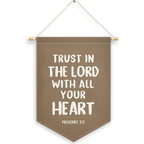 Brown Christian Kids Boys Room Decor, Scripture Trust in The Lord Banner Canvas, Vintage Bible Verse Nursery Wall Hanging Frame Decor Art Pennant Flag for Prayer Toddler Room Playroom 11x15in
