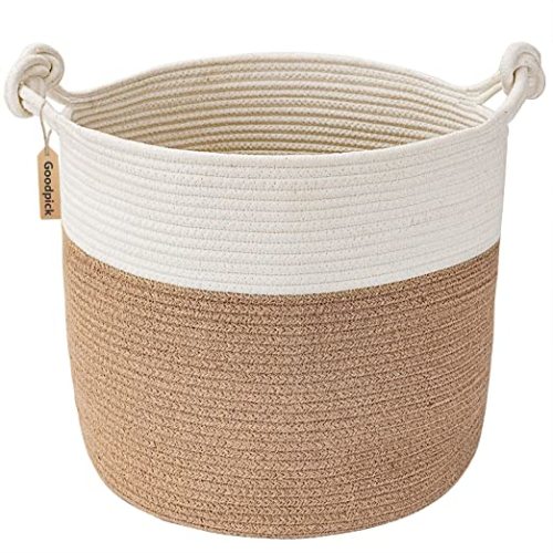 Goodpick Cotton Rope Basket with Handle for Baby Laundry Basket Toy Storage Blanket Storage Nursery Basket Soft Storage Bins-Woven Basket, 15'' × 15'' × 14.2'', Jute - White Jute - Large-1 pack