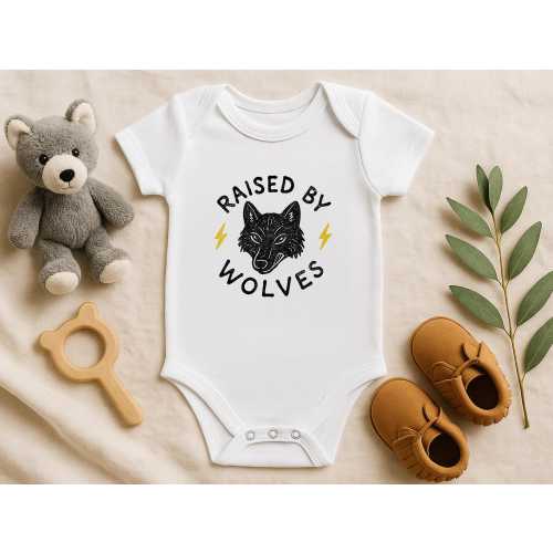 Raised by Wolves Baby Bodysuit - Cool Wolf Graphic Infant Onesie, Funny Baby Shower Gift, Hip Baby Clothes, Unisex Baby Outfit