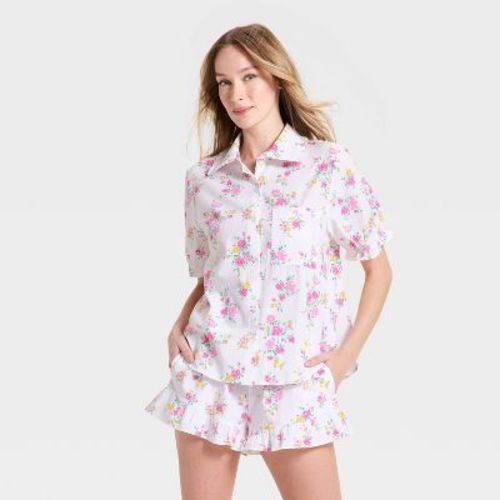 Women's Mommy & Me Ruffle Short Sleeve Notch Collar Shirt and Shorts Pajama Set - Auden™ White M