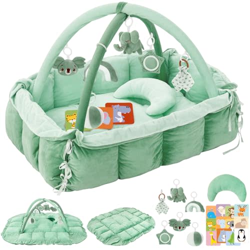 5-in-1 Plush Baby Play Gym & Activity Mat, Baby Play Mats, Baby Gym with Convertible Design, Tummy Time Mat with Pillow, 6 Sensory Toys for Newborn to Toddler, Sage Green