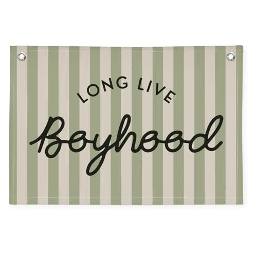 Long Live Boyhood Linen Banner Hanging Vintage Sage Green Stripes Flag Banner for Nursery Playroom Wall Decor for Kids Bedroom Living Room Dorm Toddler Decorations Trendy Room 30x20 boyroom