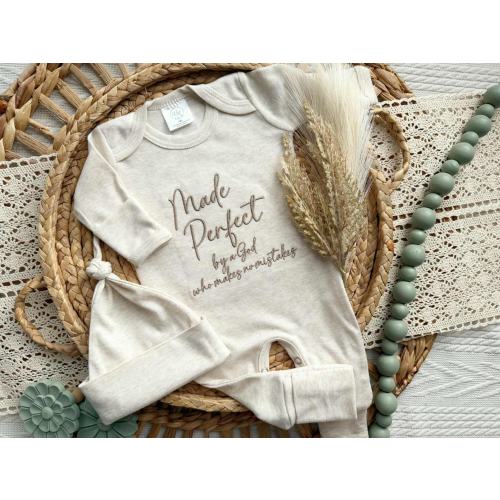 Made Perfect baby outfit, gender neutral baby footie romper, christian baby shower gift