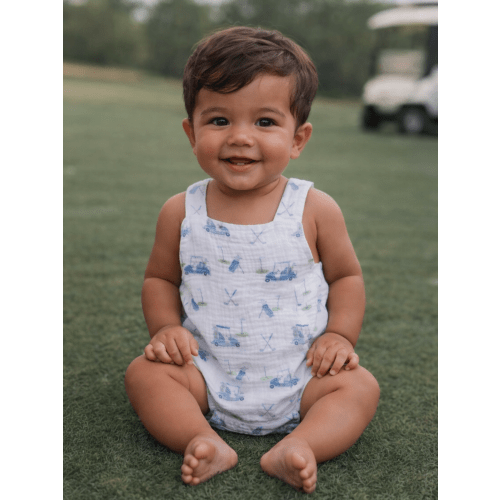 Retro Sunsuit, Baby Golf Cart Blue