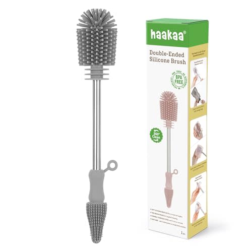 Haakaa Silicone Cleaning Brush for Baby Bottles and Crevices, Double-Ended Bottle Brush for Breast Pumps, Milk Collectors, Nipples and Breastmilk Storage Bags, Food-Grade Silicone, SUVA Grey,1 Pack