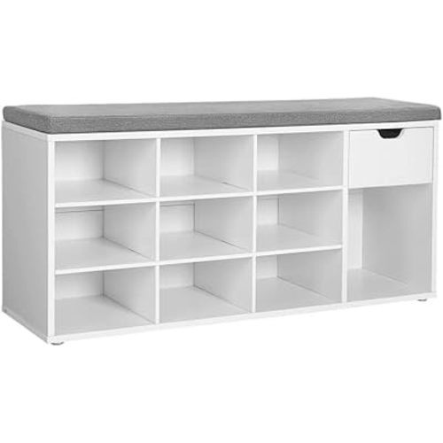 VASAGLE CUSTOS Collection - Shoe Bench, Storage Bench with Padded Seat, Entryway Bench with 15 Compartments, for Bedroom, 11.8 x 40.9 x 18.9 Inches, White and Gray ULHS24WT