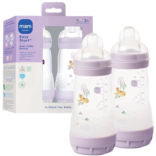 MAM 9oz Easy Start Anti-Colic Wide Neck Vented Baby Bottle, Medium Flow Breastfeeding-Like Nipple, Reduces Colic Gas & Reflux, Easy to Clean, BPA Free, 2+ Months, Made in Europe, 2 Pack, Unisex