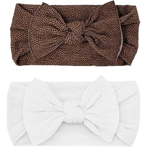 Baby Bling Bows - Newborn to Little Baby Girl Bows, 2PK PRINT SOLID KNOTS Nylon Super Soft Stretchy Toddler Headbands, Perfect Hair Accessories Head Bands for Infant Kids (Brown & White)