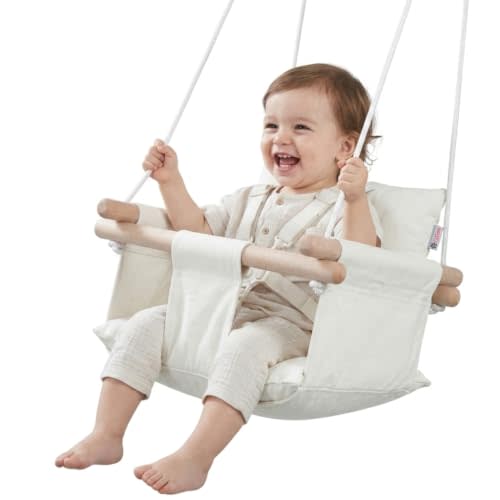 CaTeam Canvas Baby Swing Seat with 5-Point Safety Belt — Wooden Hanging Toddler Swing, Indoor & Outdoor, Ages 1-4, Ceiling Mount Hardware Included, Ivory
