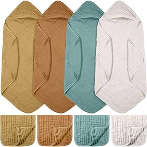 VitalCozy 8 Pcs Baby Muslin Hooded Bath Towels and Washcloths Muslin Cotton Hooded Baby Towels Absorbent Blankets for Gift Newborn Infant Shower (32 x 32 Inch,Nature Colors)