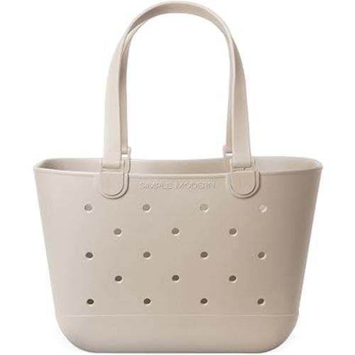 Simple Modern Large Beach Bag | Waterproof Getaway Rubber Tote with Zipper Pocket for Travel, Pool, Boat, Groceries, Sports | Almond Birch