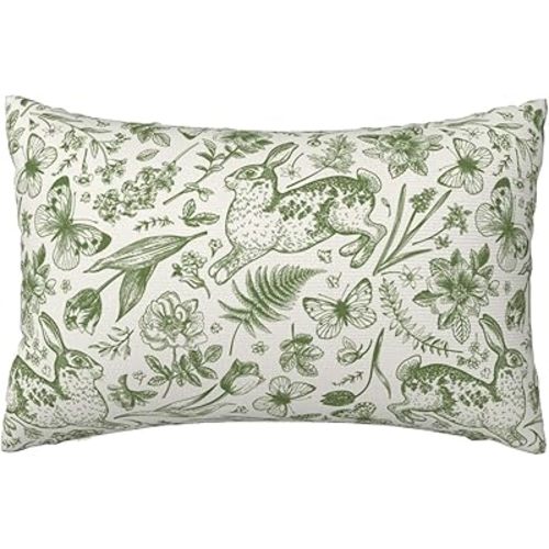 Spring Pillow Cover,Green Pillow Cover,Floral Pillow Covers,Cottage core Decor,fairycore Room Decor,Botanical Decor,Bunny Pillow Cover,Lumbar Pillow Cover 12 * 20 Inches