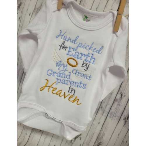 Hand picked for earth by my Great Grandparents in heaven, stitched in blue