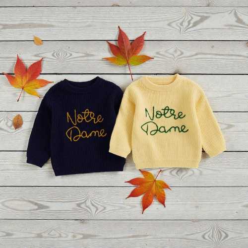Notre Dame Baby Hand-Knitted Romper, Football Gameday Embroidery Letters Outfit, Navy Blue Knit Baby Clothes