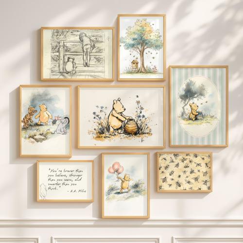 Classic Winnie-The-Pooh Wall Art Print Downloadable Storytime Decor Cozy Reading Nook Cottagecore Honey Bear Artwork Toddler Gallery Set