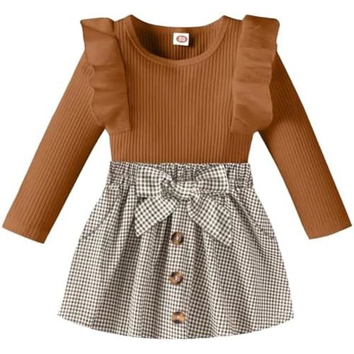 AMAWMW Toddler Baby Girl Fall Winter Clothes Long Sleeve Ruffle Shirt Corduroy Mini Skirt Infant Girl A-line Dress