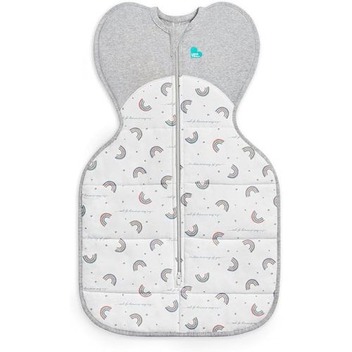 Love to Dream Warm Swaddle UP 2.5 TOG Baby Sleep Sack for Autumn & Winter | Arms Up Position for Self-Soothing, Secure Fit Calms Startle Reflex | Newborn 5–8.5 lbs, White Rainbow Dream