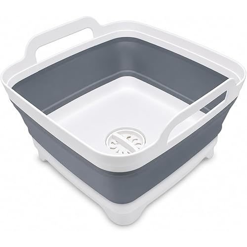 2.4 Gal(9L) Collapsible Dish Basin with Drain Plug, Space Saving Outdoor Multiuse Foldable Sink Tub, Dishpan, Kitchen Storage Tray for Camping, Vegetable Washing, RV (Gray)